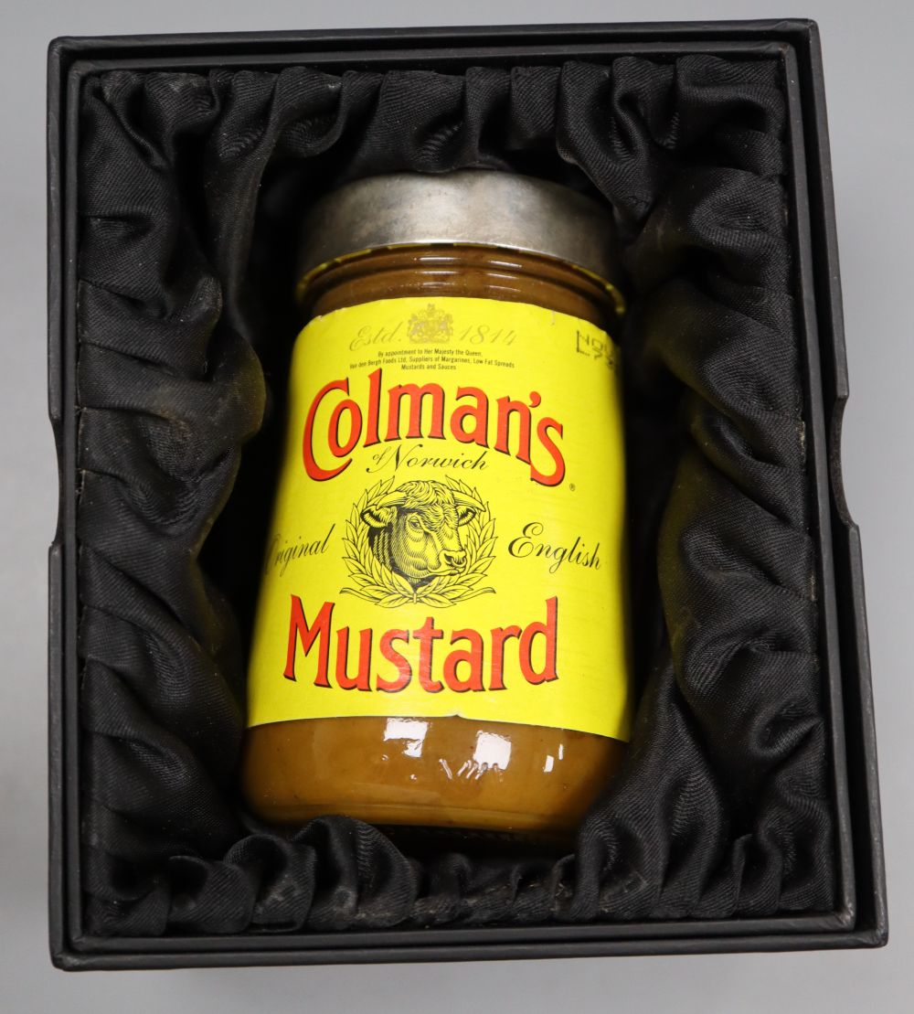 Two modern Theo Fennell silver lidded glass condiment jars (Marmite & Colmans Mustard), London, 2007,